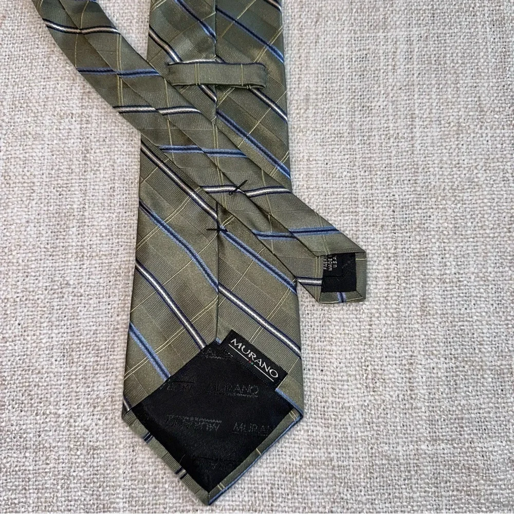 MURANO 100% Silk Tie Olive Sage Green Plaid Diagonal Stripes Blue White